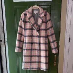 LOFT Women's Pink and Gray Plaid Pea Coat